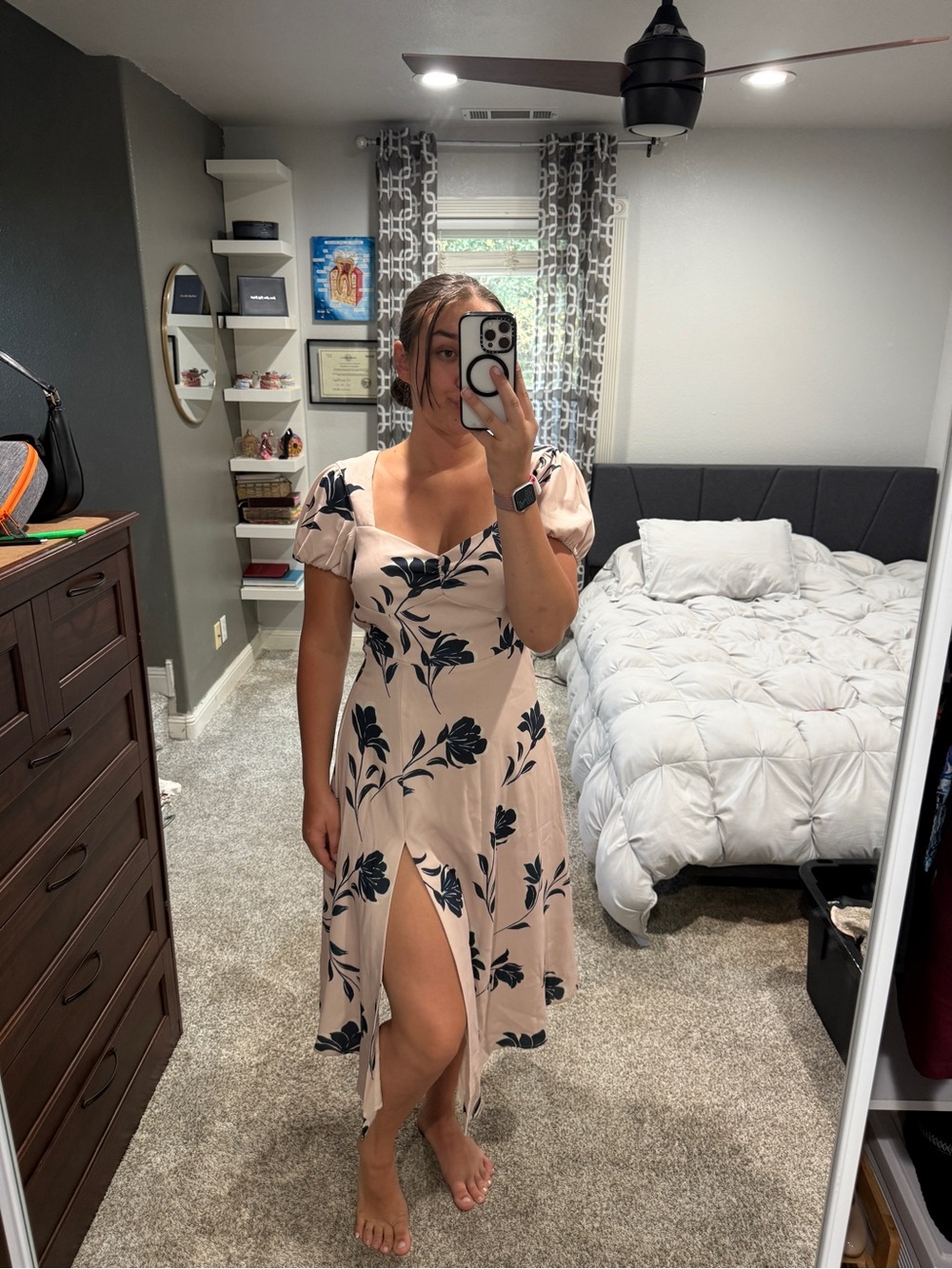 Alexia Admor Blush Pink Midi Dress with Navy Floral Print and Front Slit